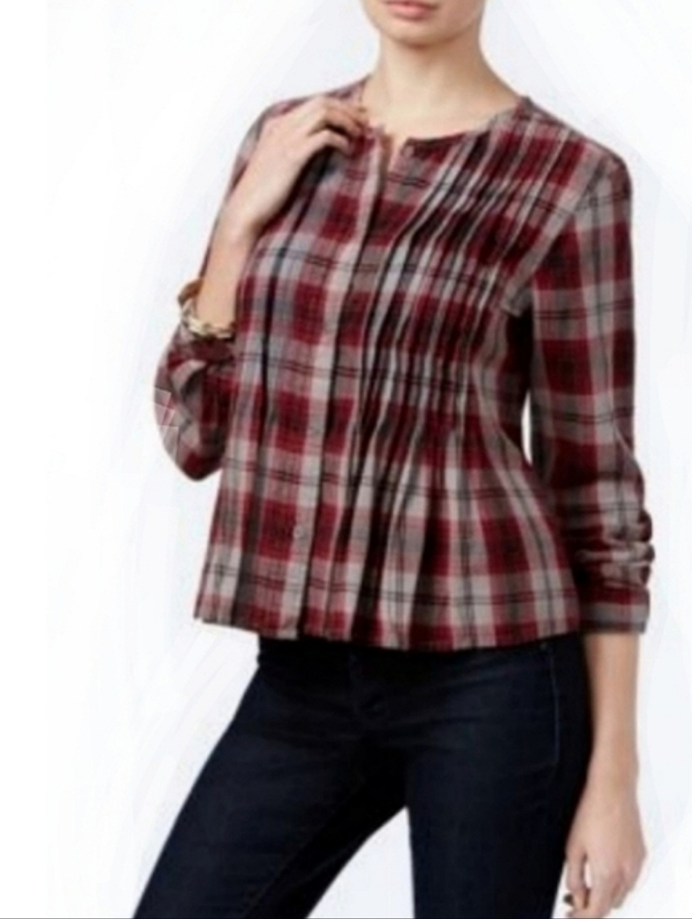 William Rast Phairah Plaid Blouse Red Gray Flannel Pintucked Button Down Shirt M